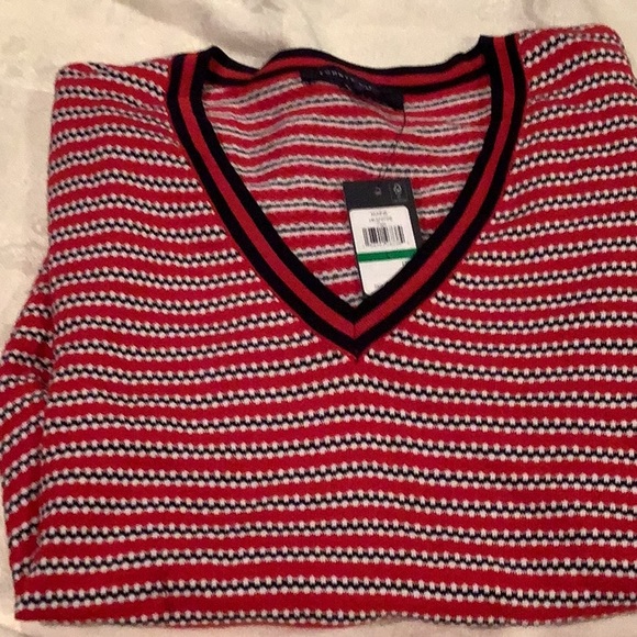 Tommy Hilfiger Red and White Striped V-Neck Short Sleeve Top - Picture 1 of 6
